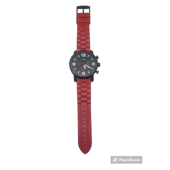 Fossil Nate JR1422 Chronograph Black Face White Accents and Red Band A7 - Picture 2 of 4